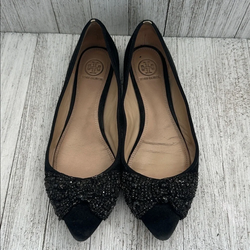 Tory Burch Black Flats with Embellished Bow